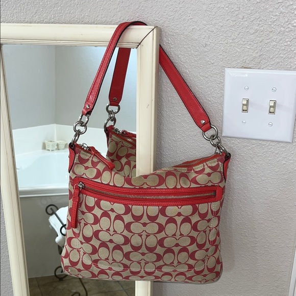Coach Red and Beige Signature Shoulder Bag - Picture 7 of 13